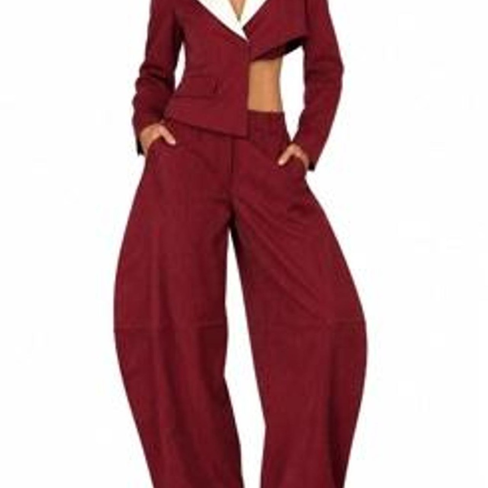 Women's Two Piece Suit with Asymmetrical Suit Jacket and Barrel Leg Trousers
